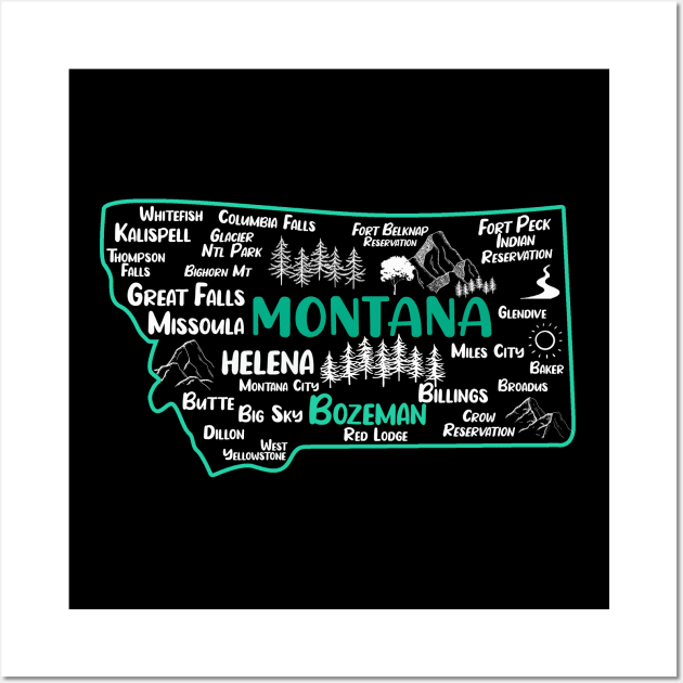 Cute map of Bozemian Montana, Helena, Missoula, Great Falls, Butte, Billings, Kalispell, Big Sky Wall Art by BoogieCreates